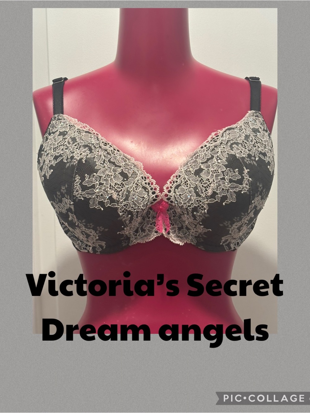 Victoria's Secret Black Bra with Cream Lace & Pink Bow